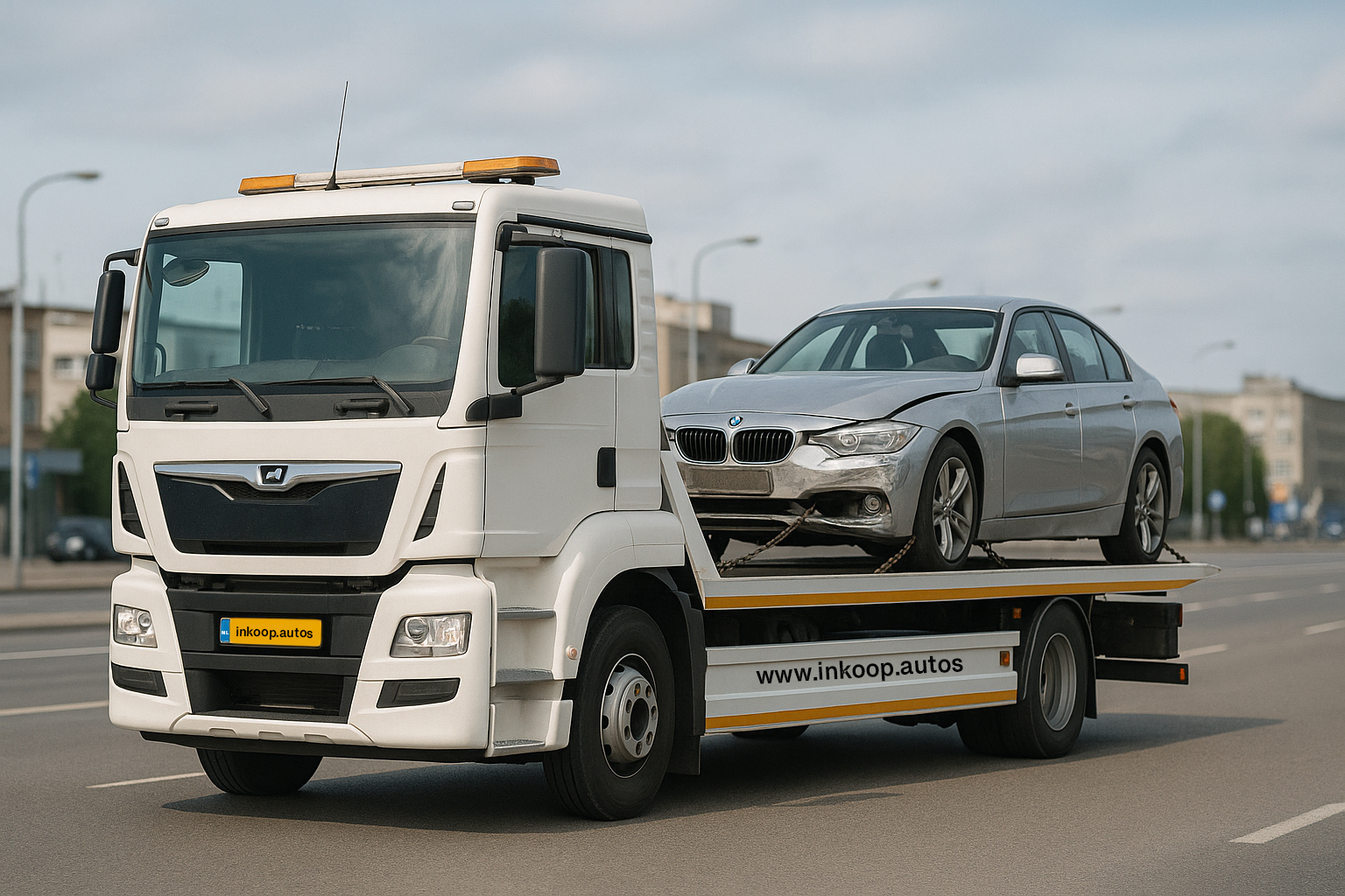 Camion gru per riciclaggio auto con BMW su piattaforma di carico